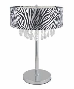 Table Lamps Elegant Designs Trendy Crystal Table Lamp With Zebra Print Drum Shade, Chrome Finish