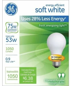 GE® Halogen Bulbs GE Halogen Bulb, 53 Watt, 1050 Lumen, A19, Soft White, 2/Pk