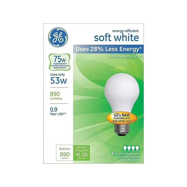 Standard Lightbulbs GE Energy Efficient Lighting 53 Watts Soft White Halogen Bulbs, 4/Pack (66248) 3 Standard Lightbulbs GE Energy Efficient Lighting 53 Watts Soft White Halogen Bulbs, 4/Pack (66248)